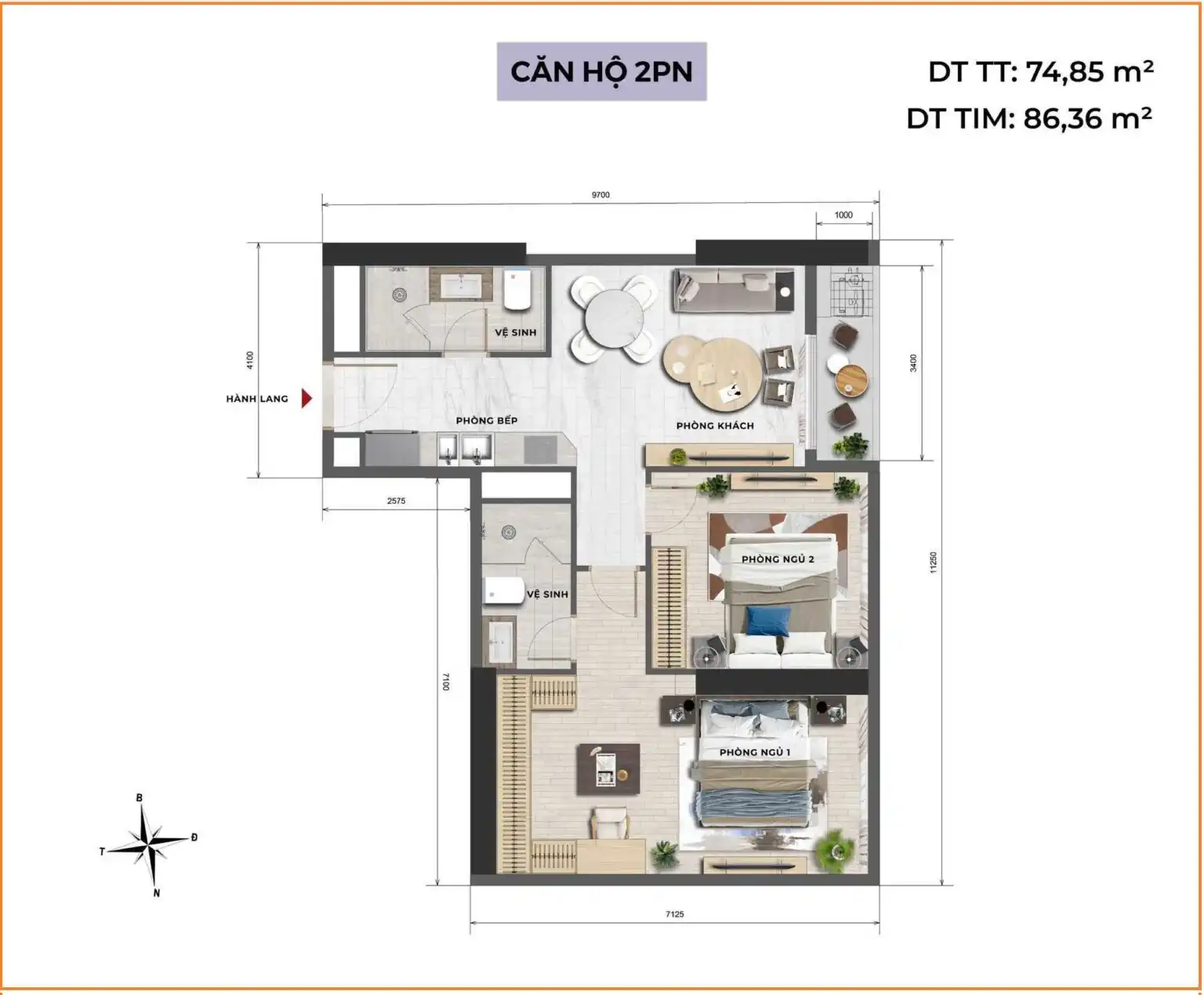 Time Square Hà Nội – thiết kế căn 2 phòng ngủ