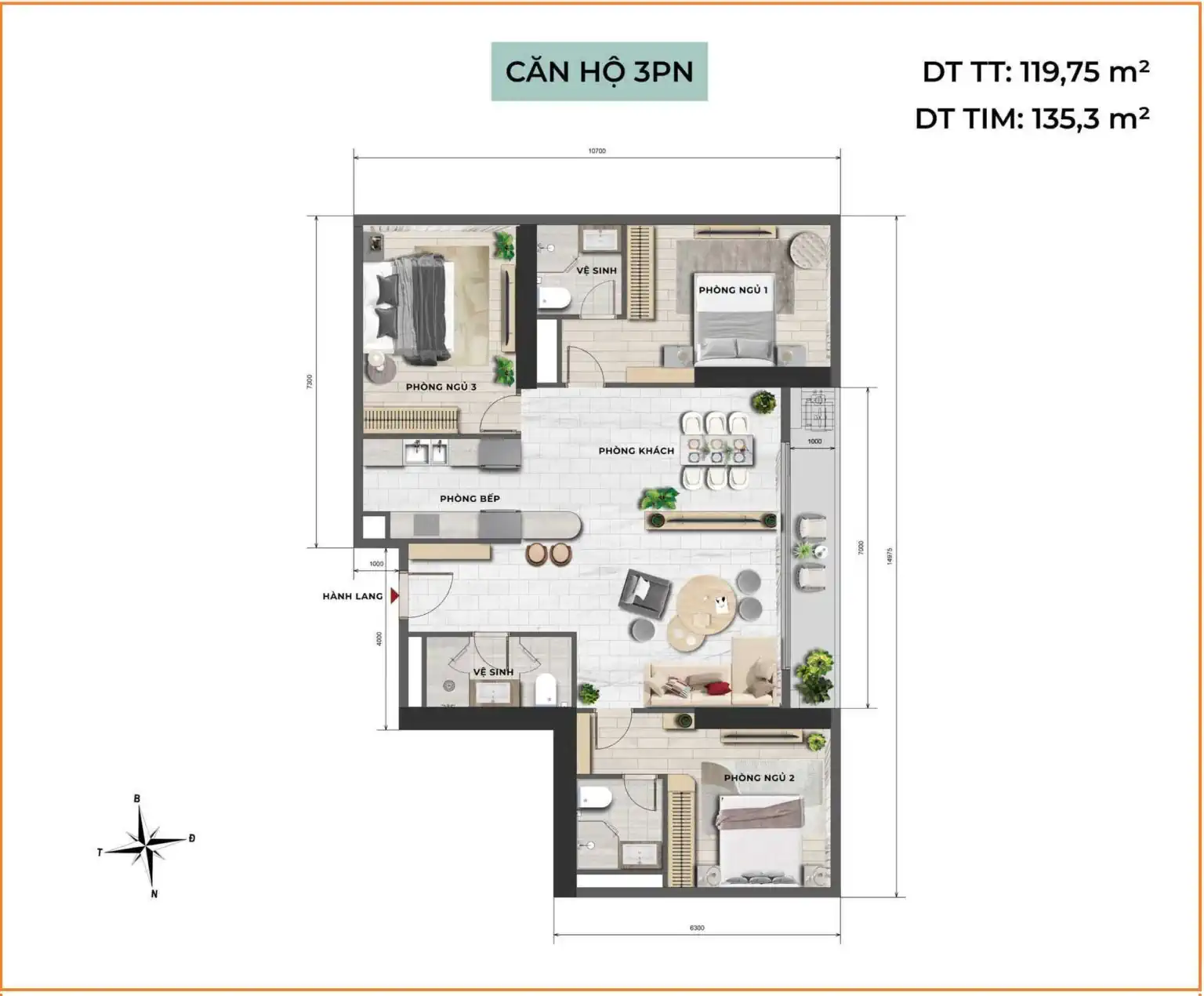 Time Square Hà Nội – thiết kế căn 3 phòng ngủ