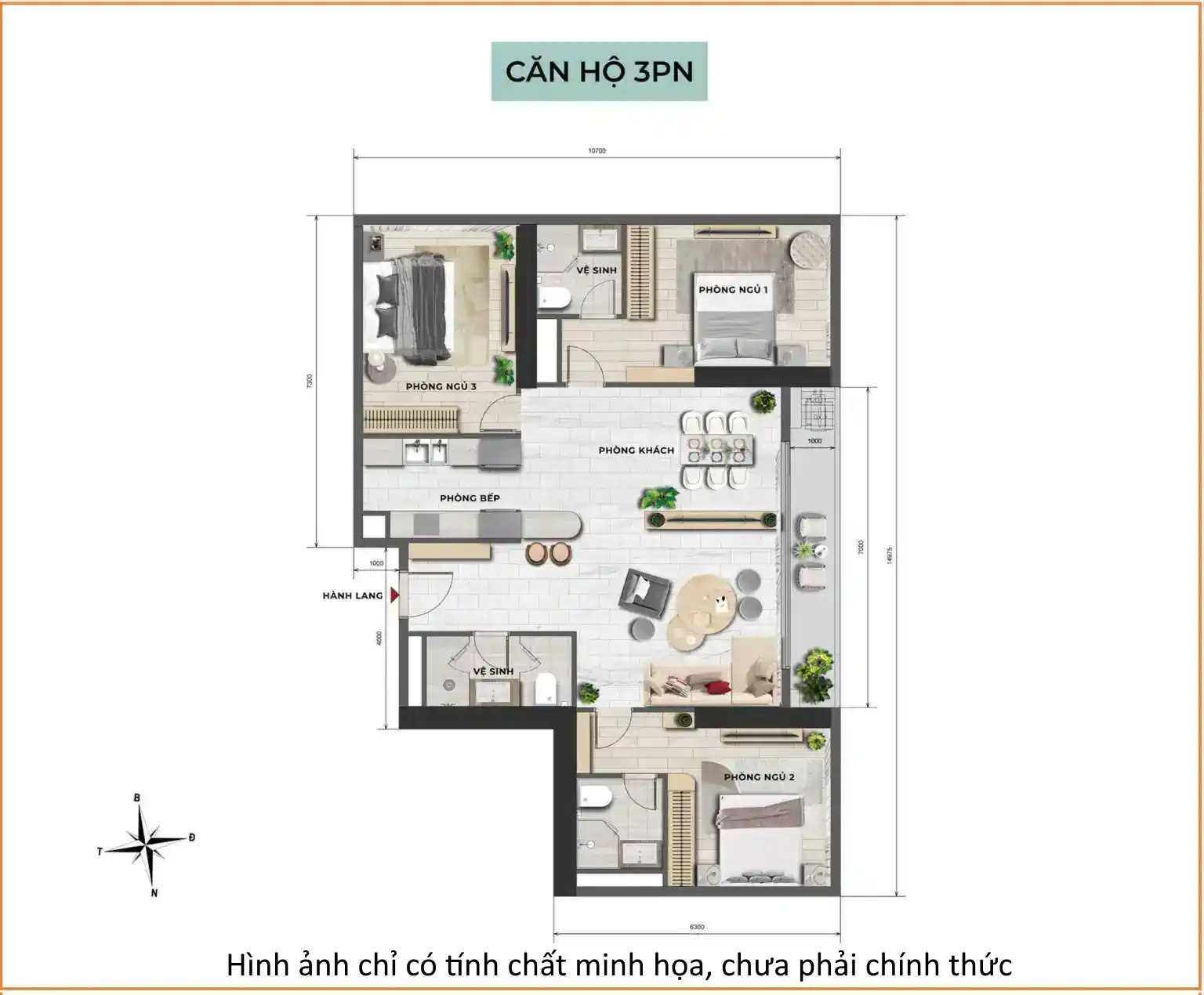 Mặt bằng căn 3 phòng ngủ The 7 Stars